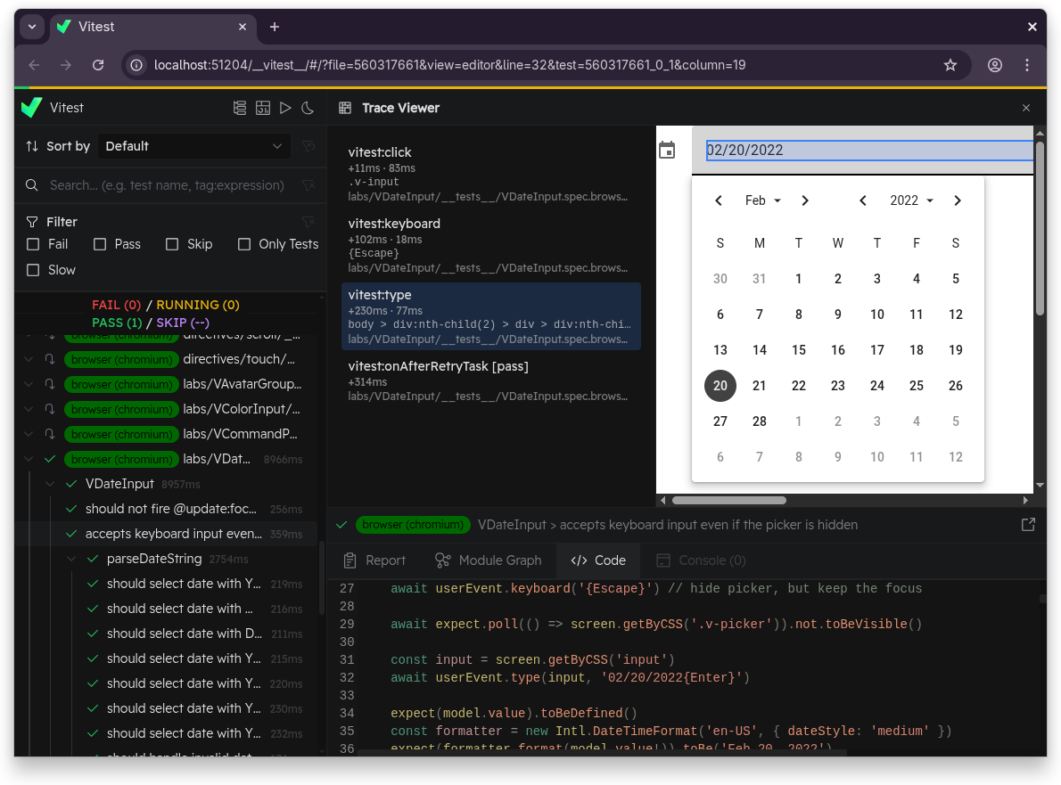 Vitest UI trace viewer showing step list and DOM snapshot