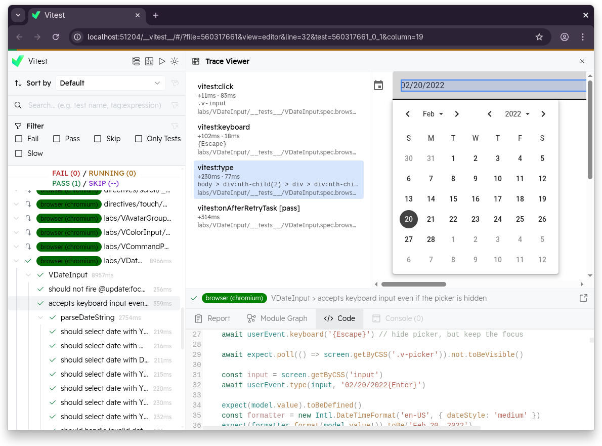 Vitest UI trace viewer showing step list and DOM snapshot